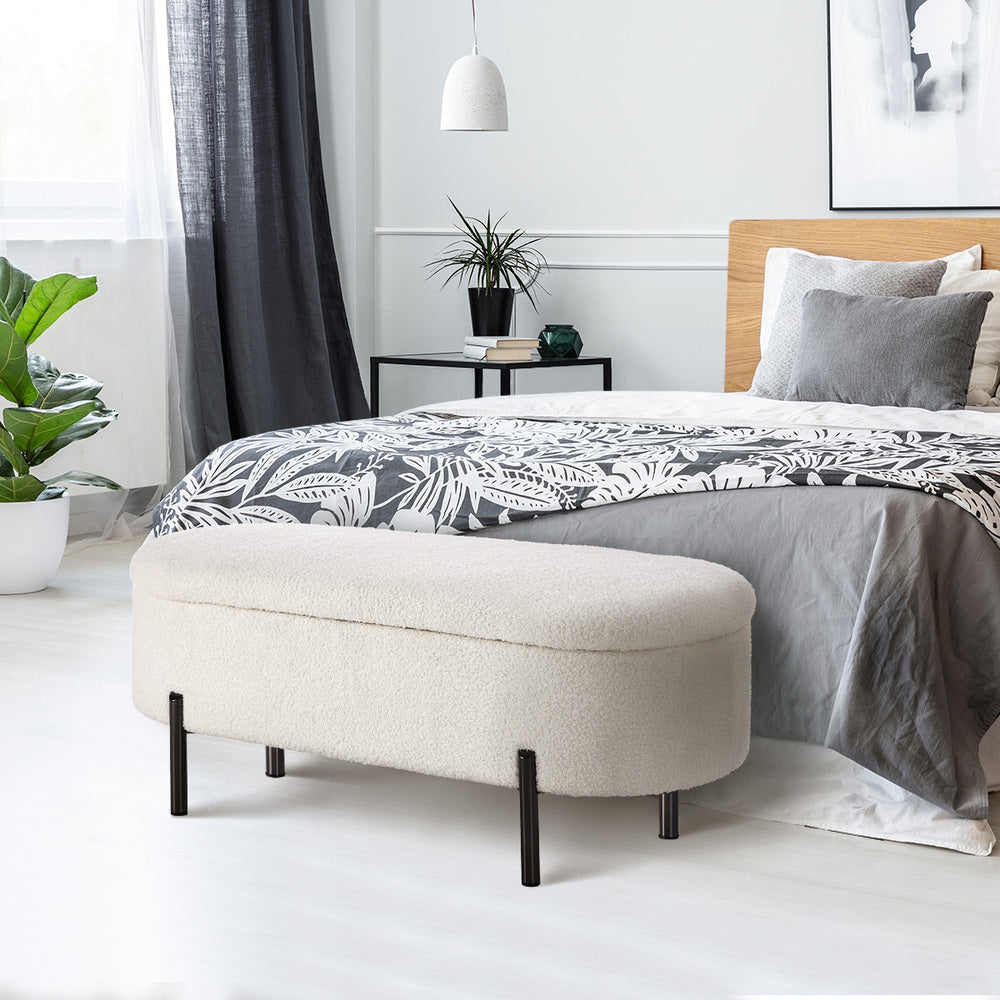 Oikiture Storage Ottoman Bench Oval Blanket Box Sherpa White-Ottoman-PEROZ Accessories