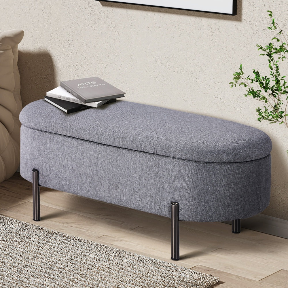 Oikiture Storage Ottoman Bench Oval Blanket Linen Grey-Ottoman-PEROZ Accessories
