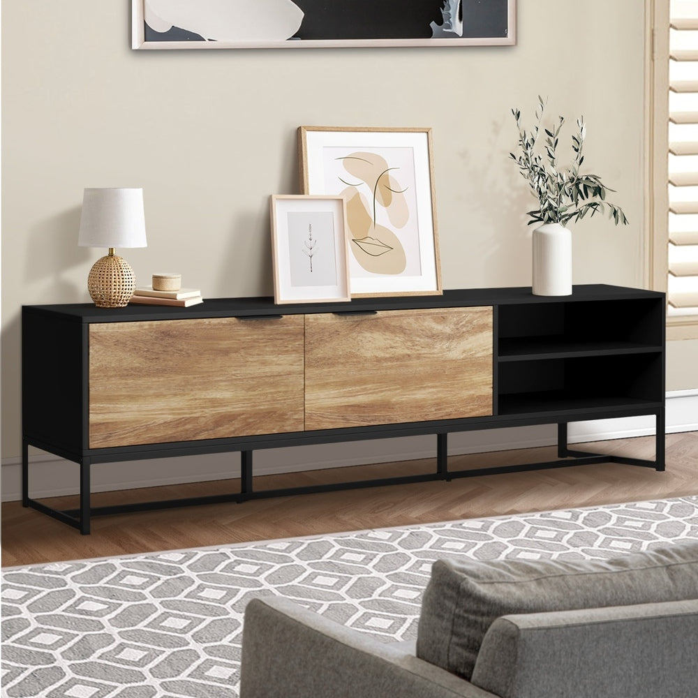 Oikiture TV Stand Cabinet Entertainment Unit 180cm Black &amp; Natural-Entertainment Unit-PEROZ Accessories