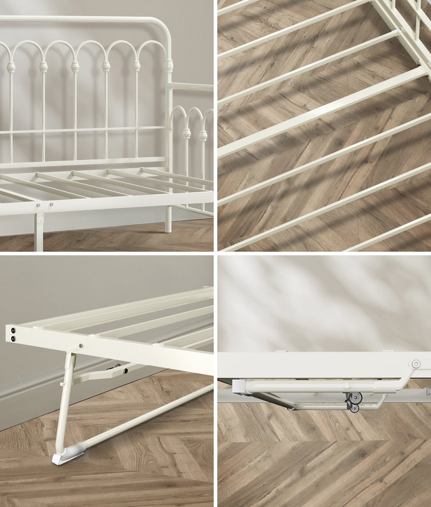 Oikiture Trundle Bed Frame Daybed Single Size Base Metal Beige-Metal Bed Frame-PEROZ Accessories