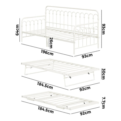 Oikiture Trundle Bed Frame Daybed Single Size Base Metal Beige-Metal Bed Frame-PEROZ Accessories