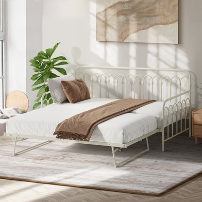 Oikiture Trundle Bed Frame Daybed Single Size Base Metal Beige-Metal Bed Frame-PEROZ Accessories