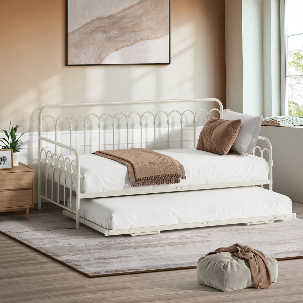 Oikiture Trundle Bed Frame Daybed Single Size Base Metal Beige-Metal Bed Frame-PEROZ Accessories