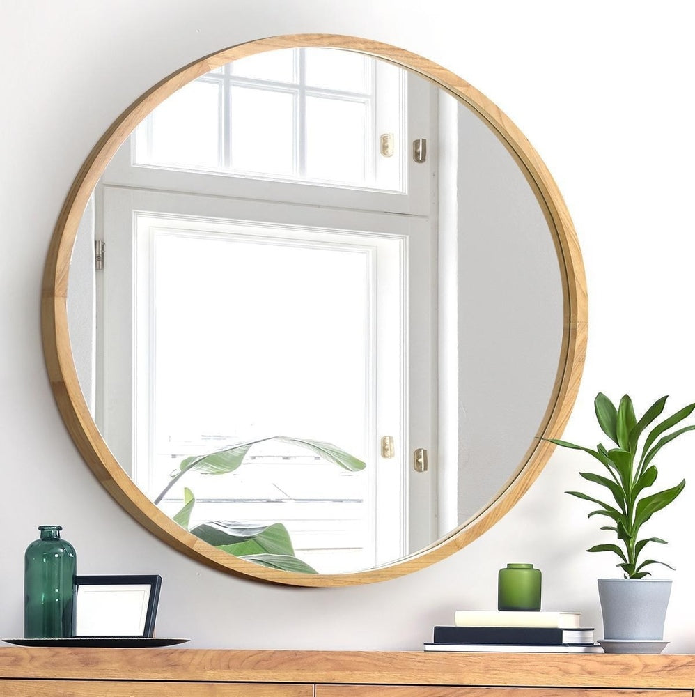 Oikiture Wall Mirrors Round 90cm Wooden Set of 2-Wall Mirror-PEROZ Accessories