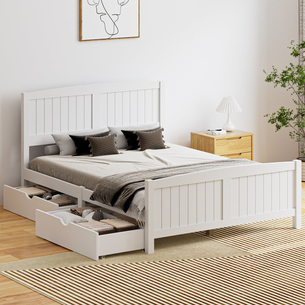 Oikiture Wooden Bed Frame Double Size with Trundle Drawers White-Wooden Bed Frames-PEROZ Accessories