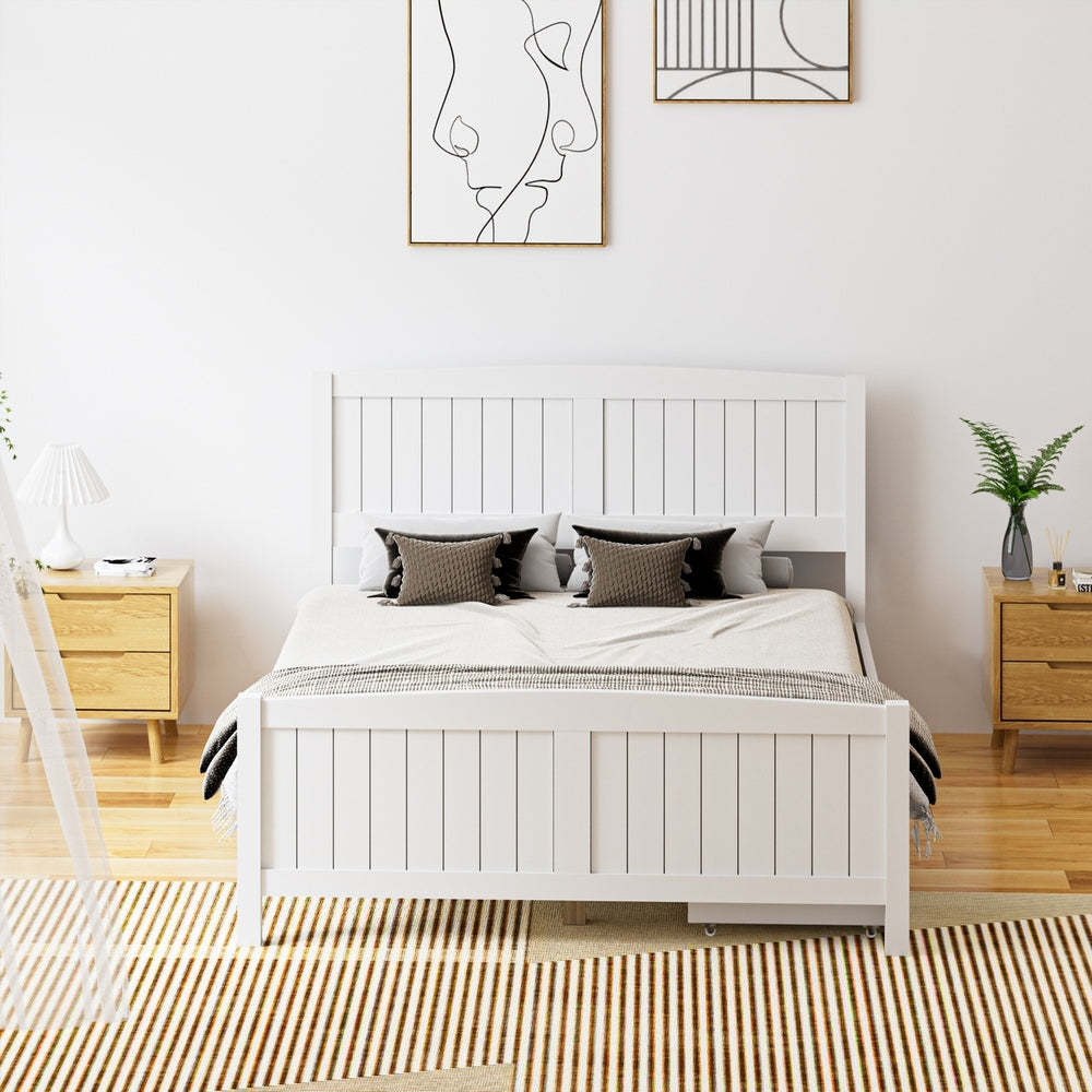 Oikiture Wooden Bed Frame Double Size with Trundle Drawers White-Wooden Bed Frames-PEROZ Accessories