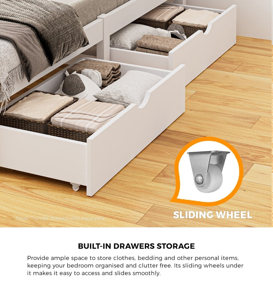Oikiture Wooden Bed Frame King Single with Trundle Drawers White-Wooden Bed Frames-PEROZ Accessories