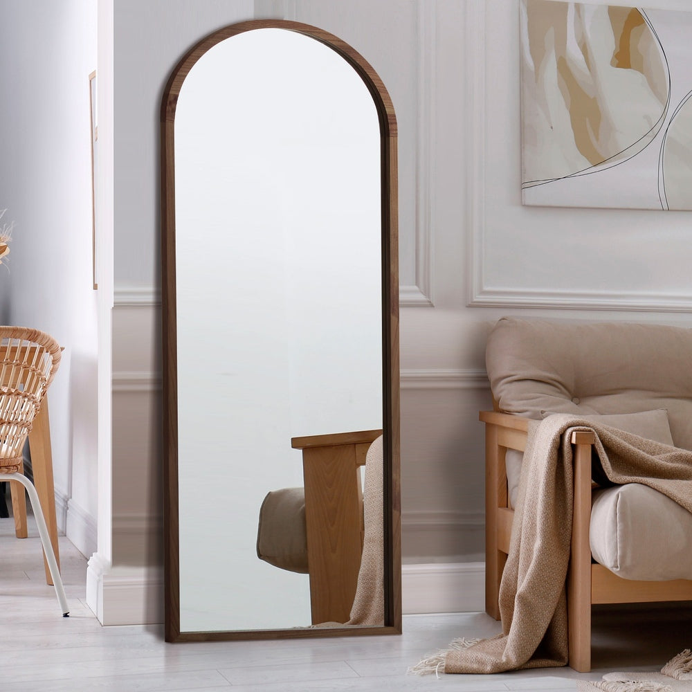 Oikiture Wooden Full Length Mirror 180x70cm Arched Floor Mirrors Brown-Full Length Mirror-PEROZ Accessories