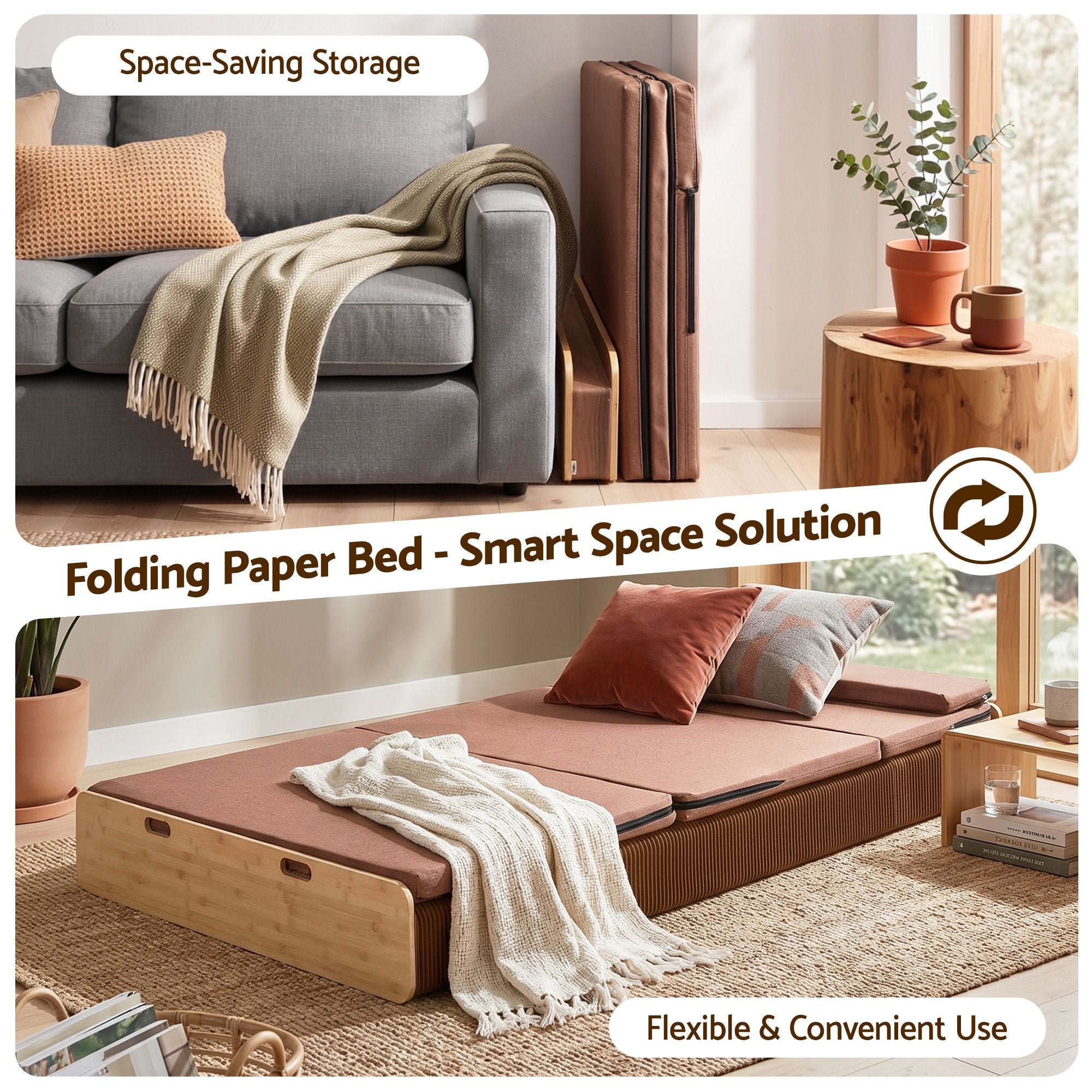Artiss Folding Kraft Paper Bed Frame with Mattress and Pillow 300kg Capacity 200x120cm-Furniture > Bedroom > Beds &amp; Bed Frames-PEROZ Accessories