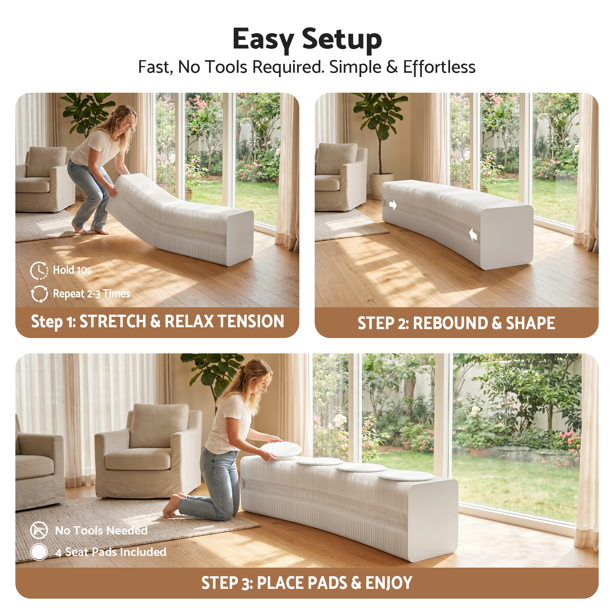 Artiss Folding Paper Bench With 4 PU Leather Seat Pads Expandable Accordion Stool For 4 Seats-Furniture > Living Room > Ottomans &amp; Footstools-PEROZ Accessories