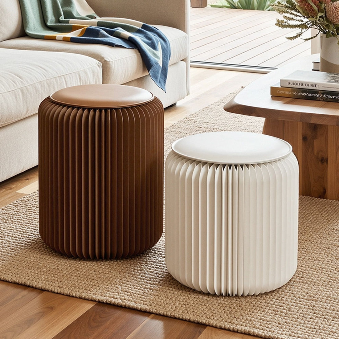Artiss Accordion Folding Paper Stools Set Includes 2 Cushions Natural Kraft 100KG Capacity-Furniture > Living Room > Ottomans &amp; Footstools-PEROZ Accessories