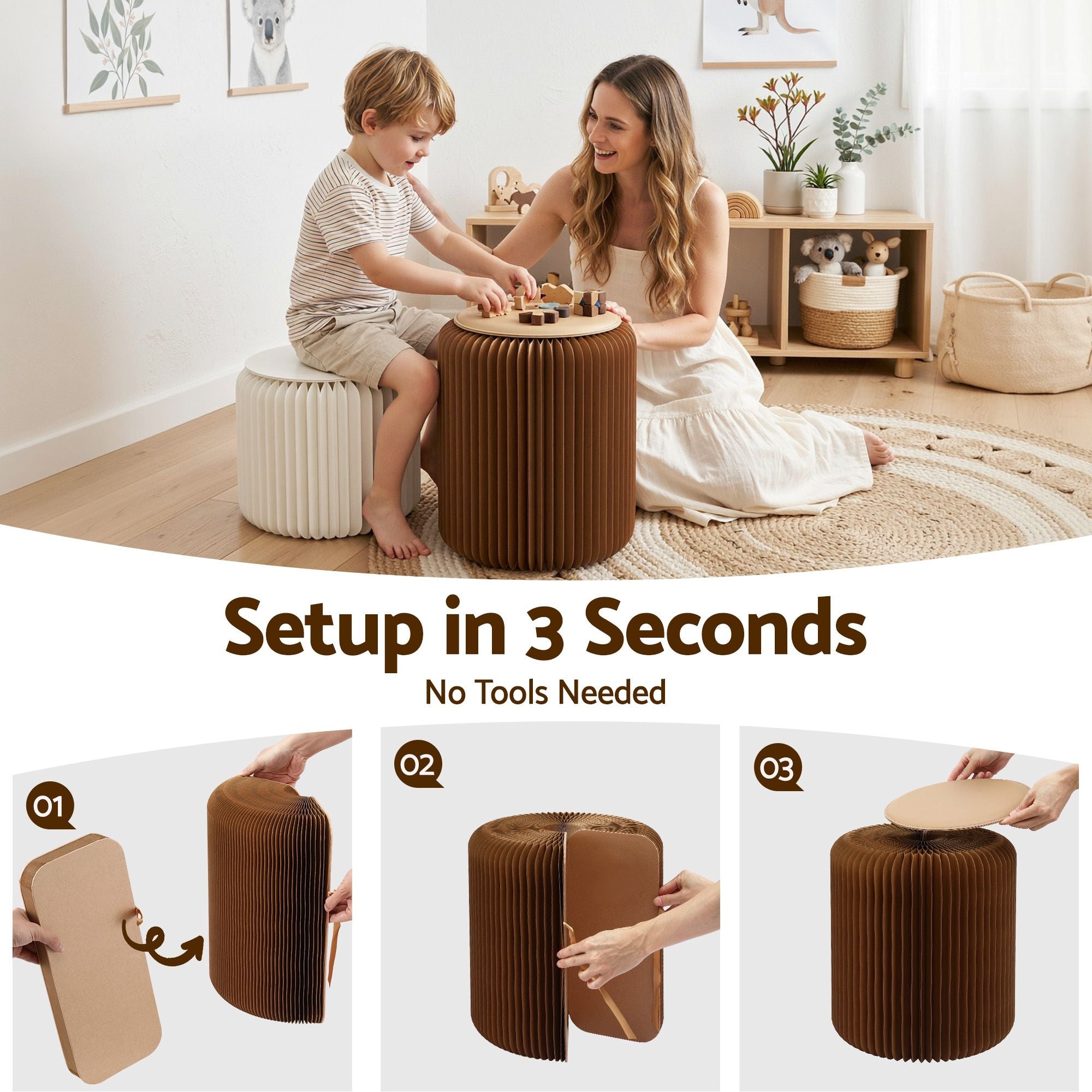 Artiss Accordion Folding Paper Stools Set Includes 2 Cushions Natural Kraft 100KG Capacity-Furniture > Living Room > Ottomans &amp; Footstools-PEROZ Accessories