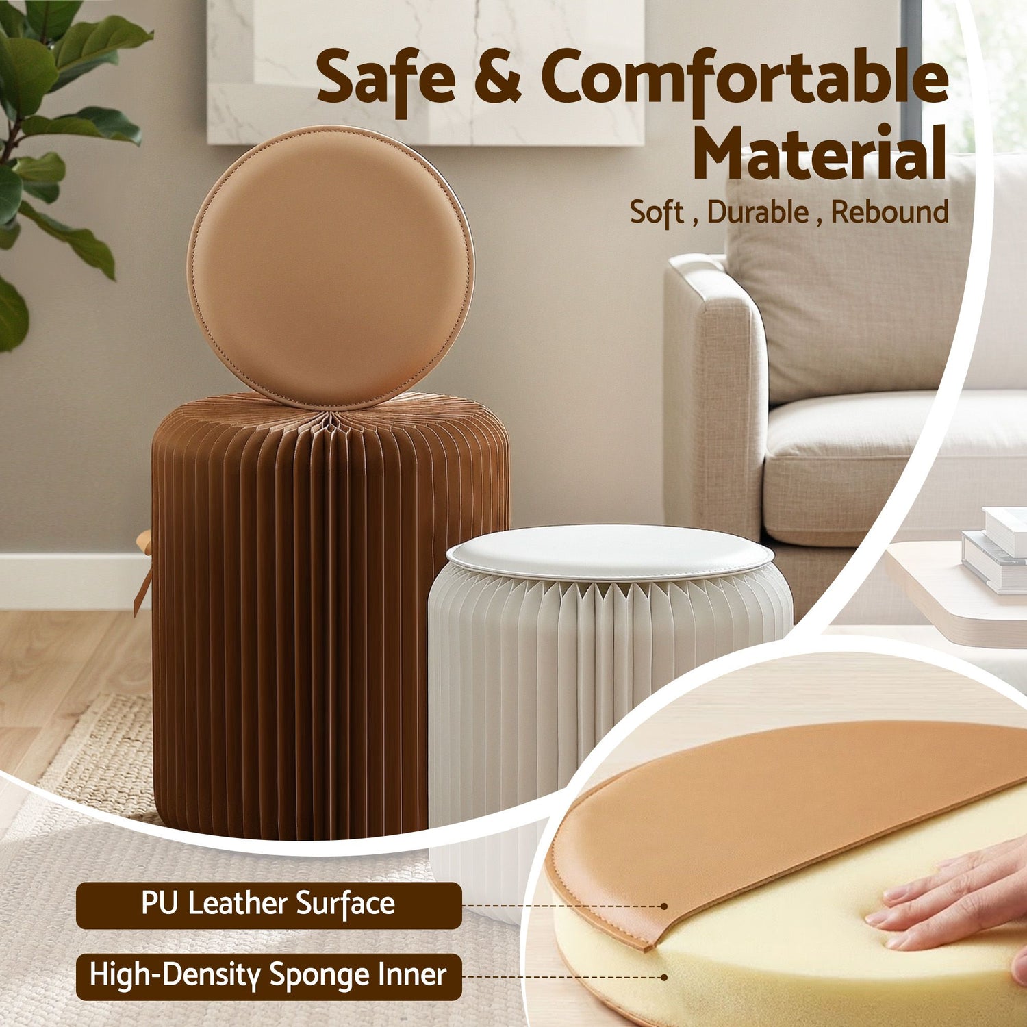 Artiss Accordion Folding Paper Stools Set Includes 2 Cushions Natural Kraft 100KG Capacity-Furniture > Living Room > Ottomans &amp; Footstools-PEROZ Accessories