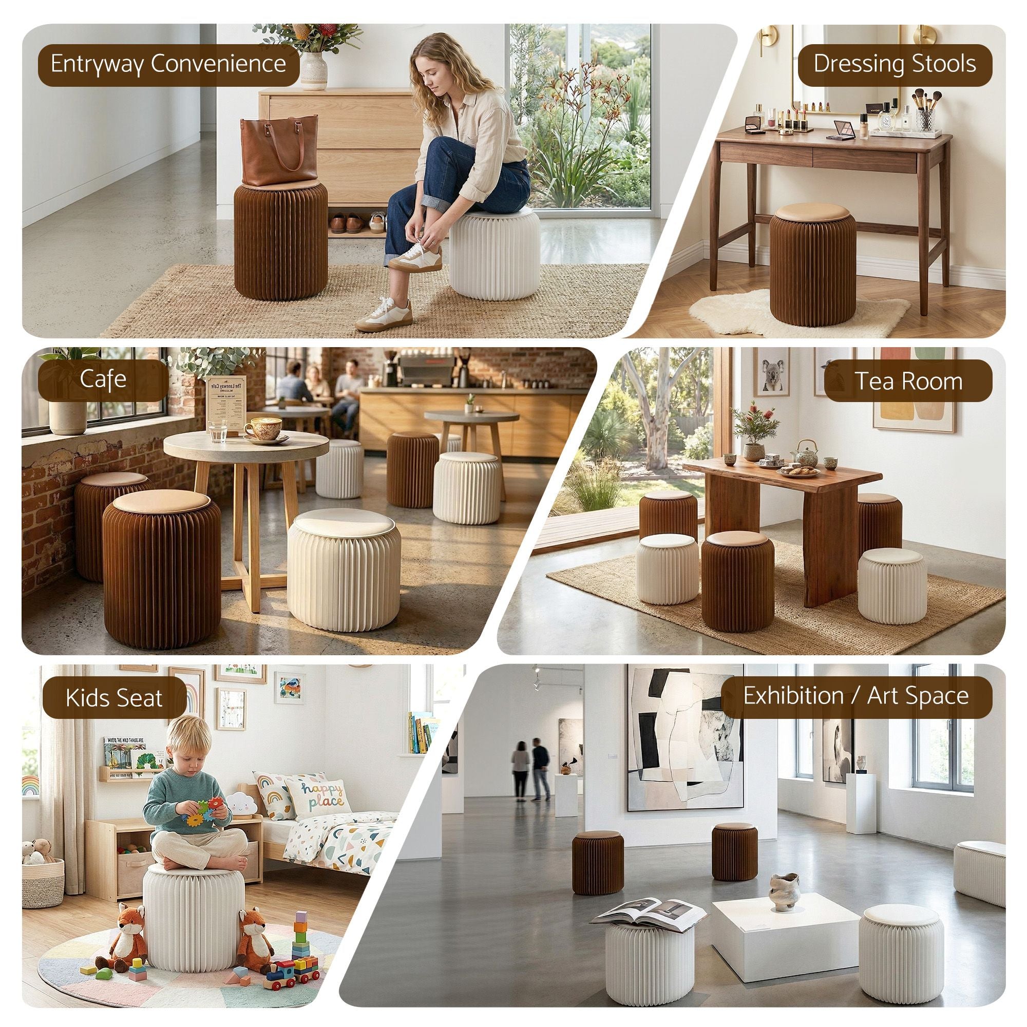 Artiss Accordion Folding Paper Stools Set Includes 2 Cushions Natural Kraft 100KG Capacity-Furniture > Living Room > Ottomans &amp; Footstools-PEROZ Accessories