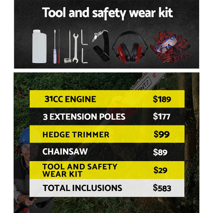 Giantz 31cc Pole Chainsaw 4 Stroke Petrol Tree Pruner Saw 12 Inch Bar Long Reach-Tools > Power Tools-PEROZ Accessories