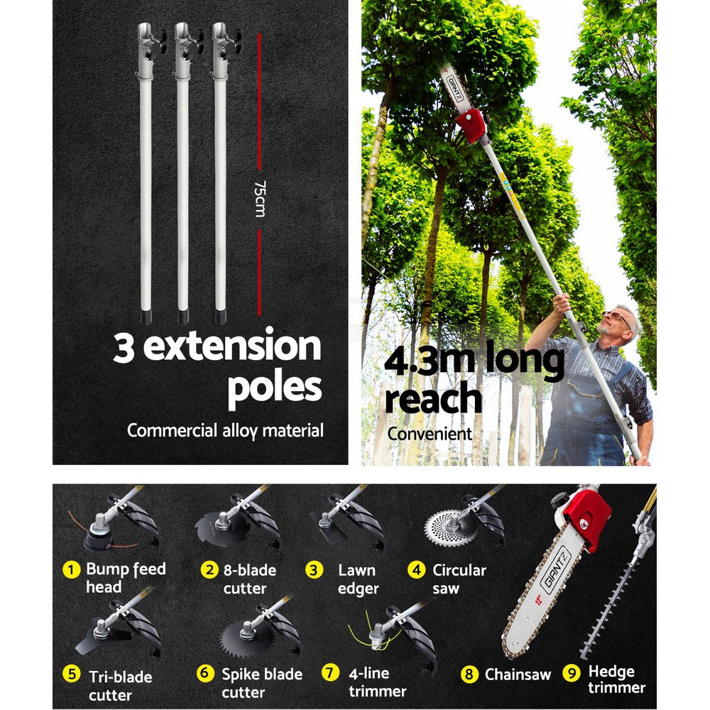 Giantz Pole Chainsaw 2 Stroke Petrol Tree Pruner Long Reach Saw 12 Inch Bar 9 In 1-Tools > Power Tools > Chainsaws-PEROZ Accessories