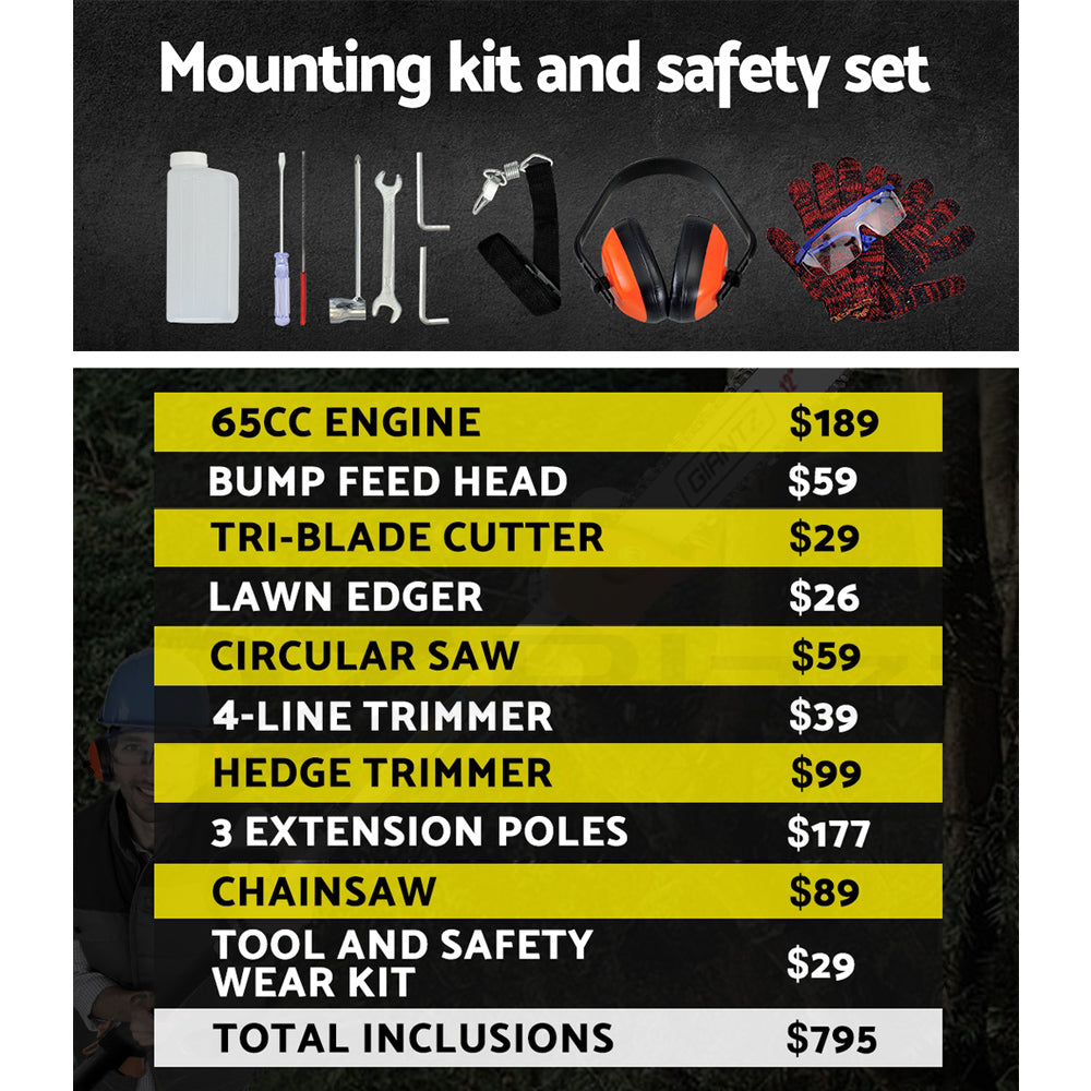Giantz Pole Chainsaw 2 Stroke Petrol Hedge Trimmer Tree Pruner 9 In 1-Tools > Power Tools-PEROZ Accessories