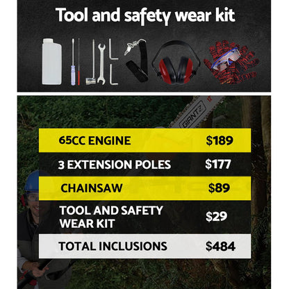 Giantz Pole Chainsaw Petrol 2 Stroke Tree Pruner Long Reach Saw 12 Inch Bar-Tools > Industrial Tools-PEROZ Accessories