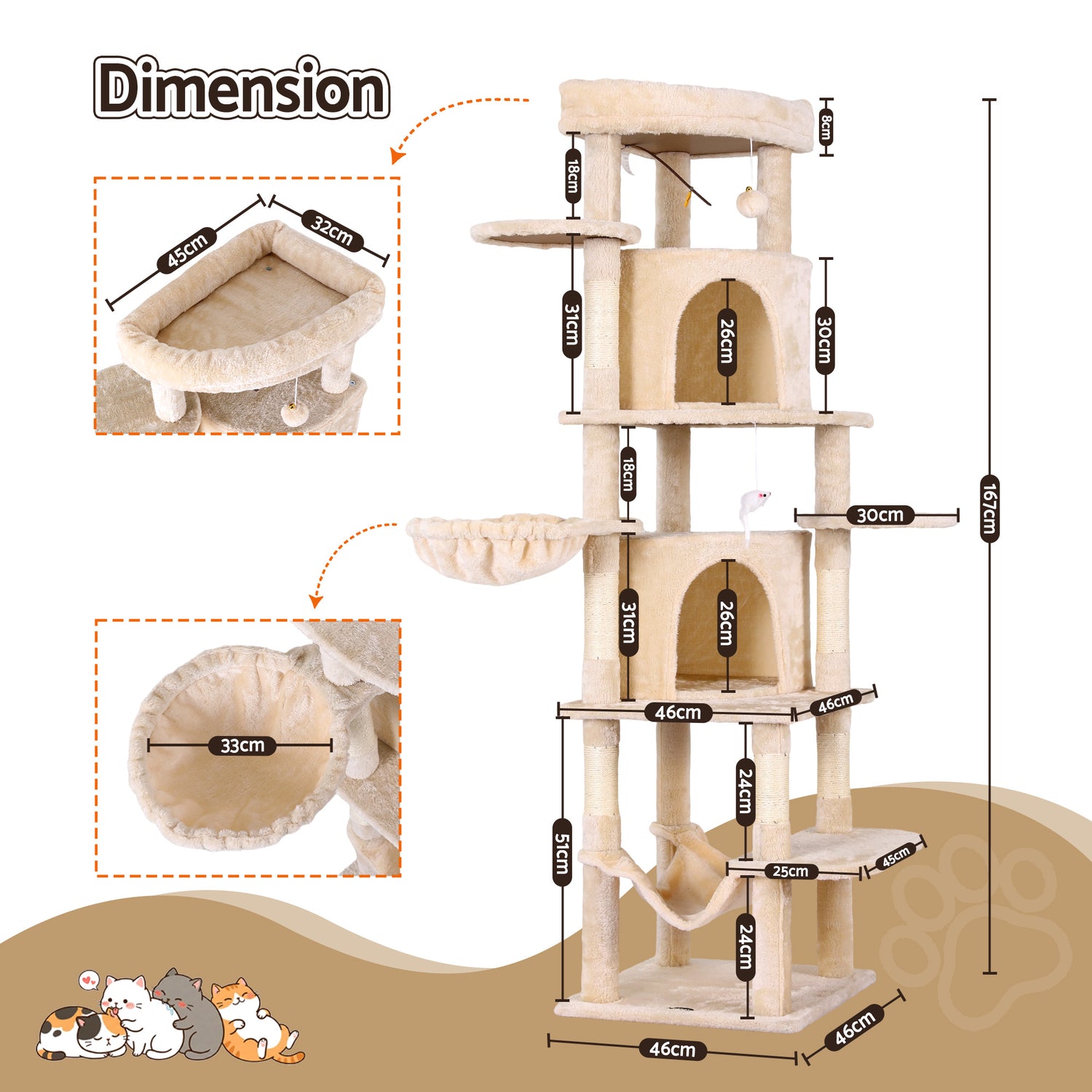 i.Pet Cat Tree Tower 167cm Large Scratching Post Furniture Scratcher House Beige-Pet Care > Cat Supplies > Cat Scratchers-PEROZ Accessories