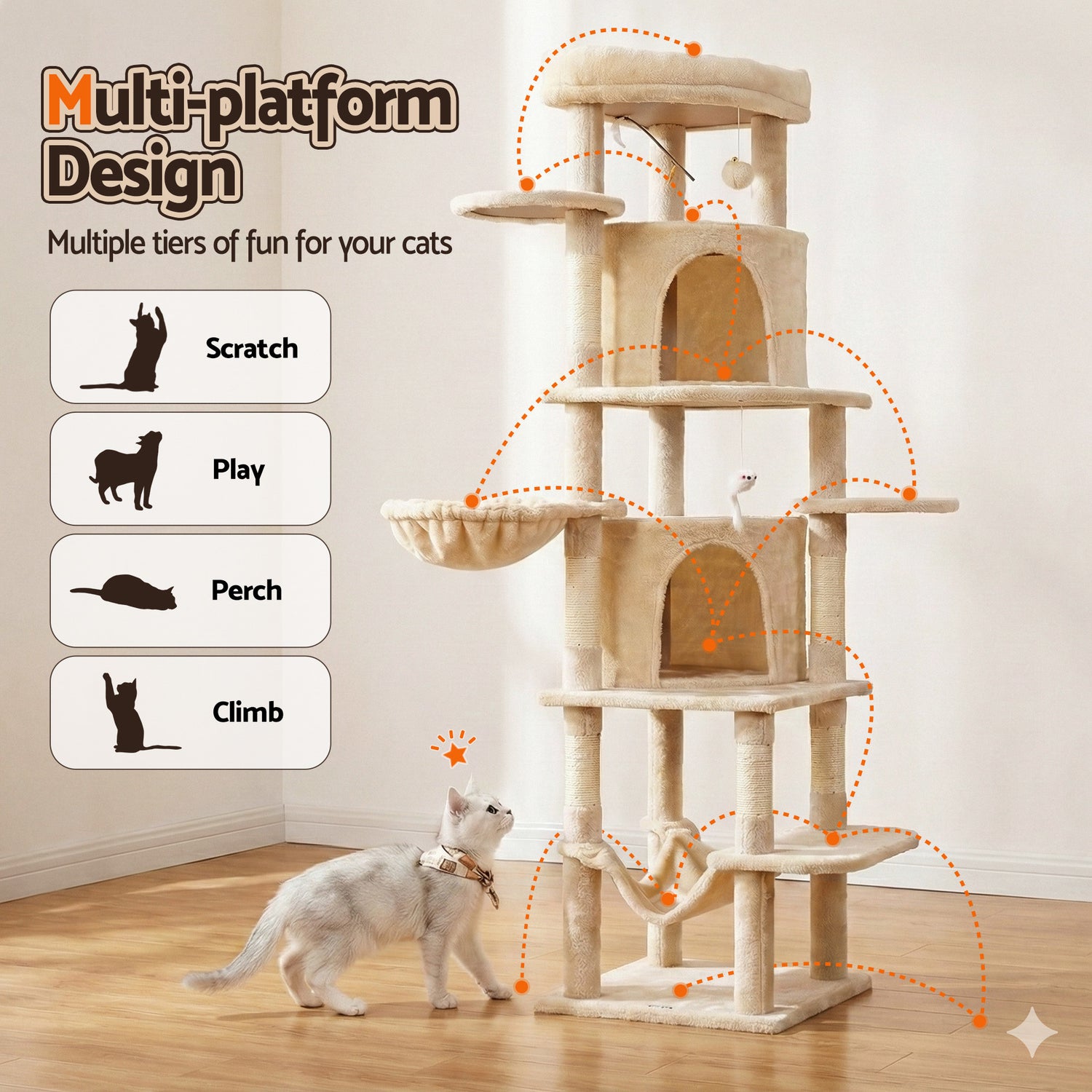 i.Pet Cat Tree Tower 167cm Large Scratching Post Furniture Scratcher House Beige-Pet Care > Cat Supplies > Cat Scratchers-PEROZ Accessories