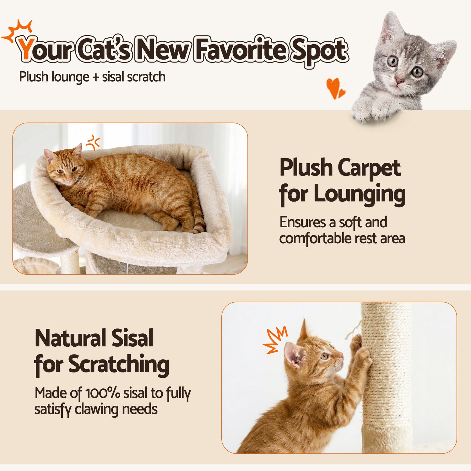 i.Pet Cat Tree Tower 167cm Large Scratching Post Furniture Scratcher House Beige-Pet Care > Cat Supplies > Cat Scratchers-PEROZ Accessories