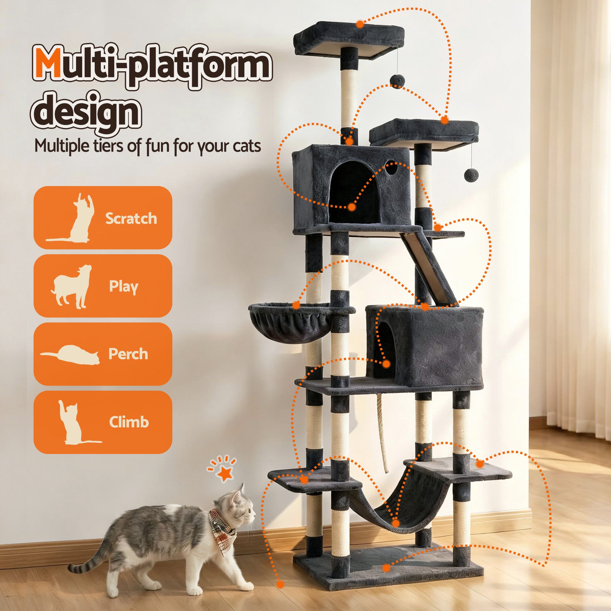 i.Pet Cat Tree Tower 206cm Large Scratching Post Furniture Scratcher House Grey-Pet Care > Cat Supplies > Cat Scratchers-PEROZ Accessories