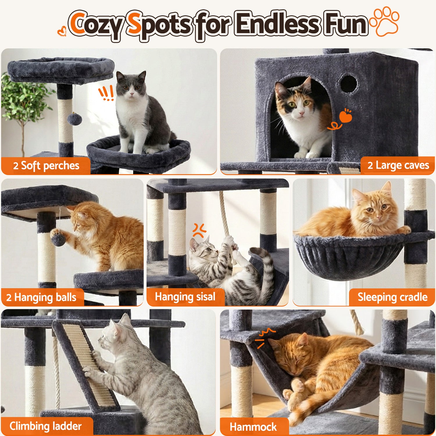 i.Pet Cat Tree Tower 206cm Large Scratching Post Furniture Scratcher House Grey-Pet Care > Cat Supplies > Cat Scratchers-PEROZ Accessories