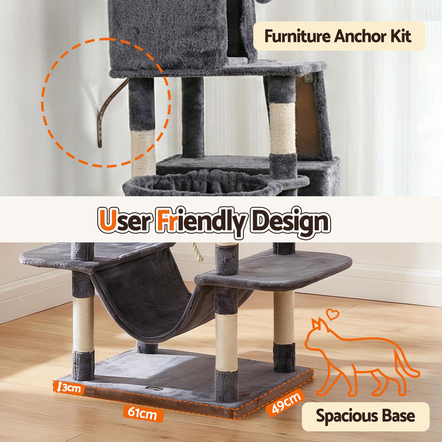 i.Pet Cat Tree Tower 206cm Large Scratching Post Furniture Scratcher House Grey-Pet Care > Cat Supplies > Cat Scratchers-PEROZ Accessories