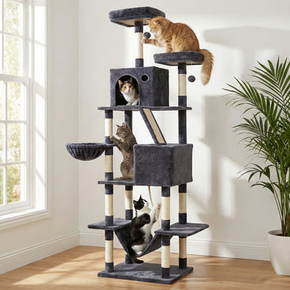 i.Pet Cat Tree Tower 206cm Large Scratching Post Furniture Scratcher House Grey-Pet Care > Cat Supplies > Cat Scratchers-PEROZ Accessories