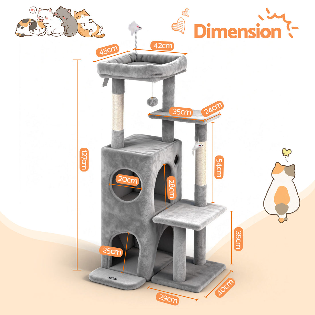i.Pet Cat Tree Tower 127cm Scratching Post Furniture Scratcher House Light Grey-Pet Care > Cat Supplies > Cat Scratching Posts-PEROZ Accessories