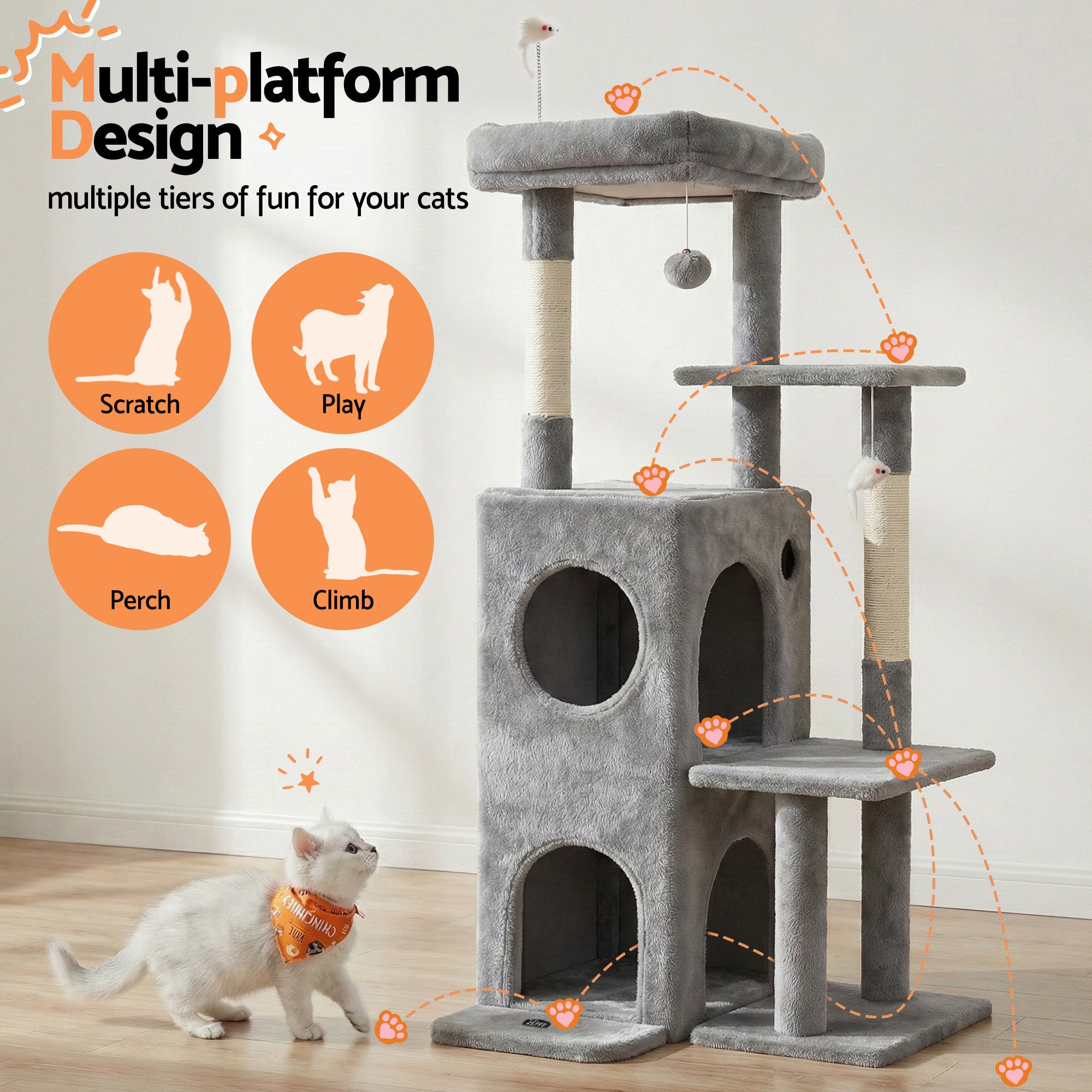i.Pet Cat Tree Tower 127cm Scratching Post Furniture Scratcher House Light Grey-Pet Care > Cat Supplies > Cat Scratching Posts-PEROZ Accessories