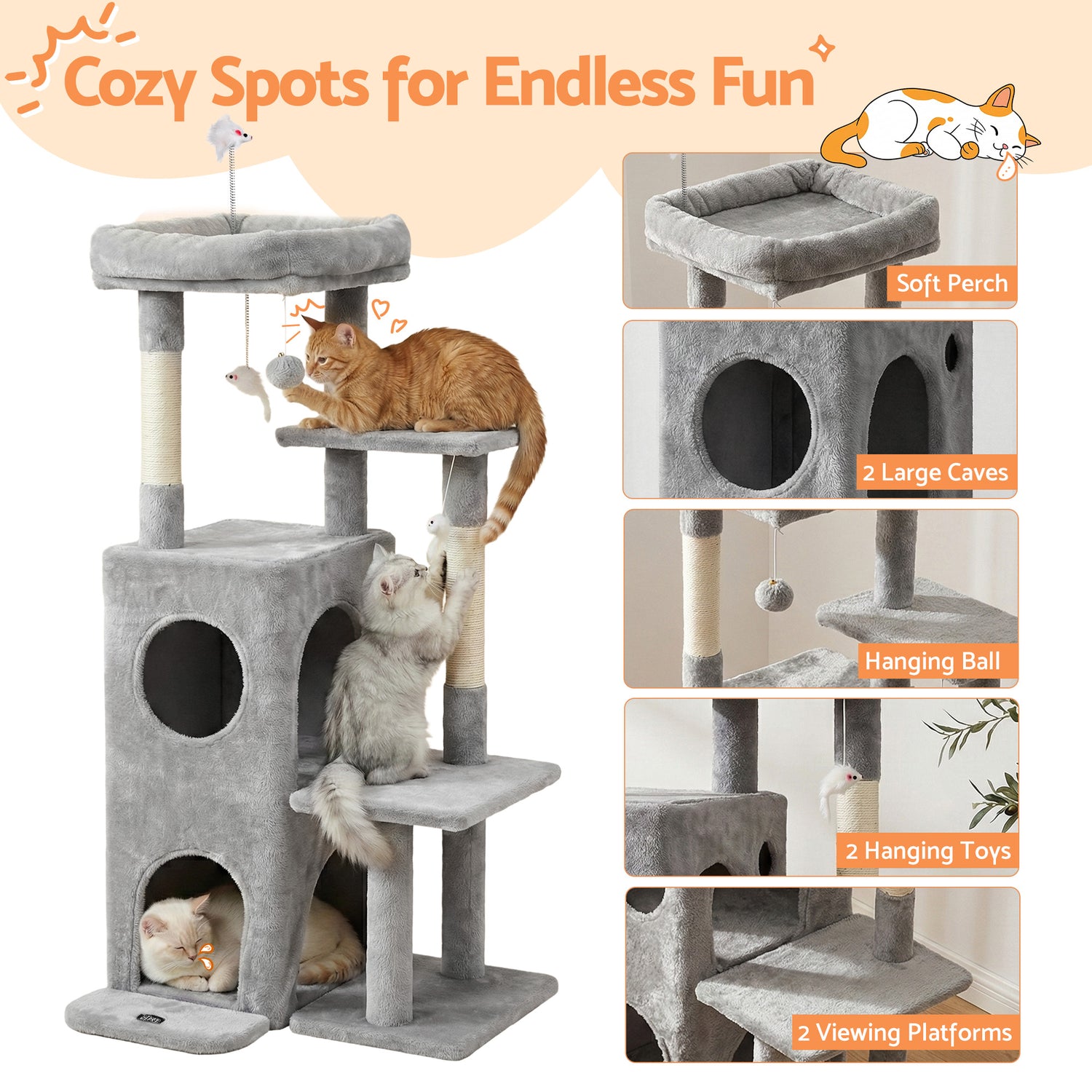 i.Pet Cat Tree Tower 127cm Scratching Post Furniture Scratcher House Light Grey-Pet Care > Cat Supplies > Cat Scratching Posts-PEROZ Accessories