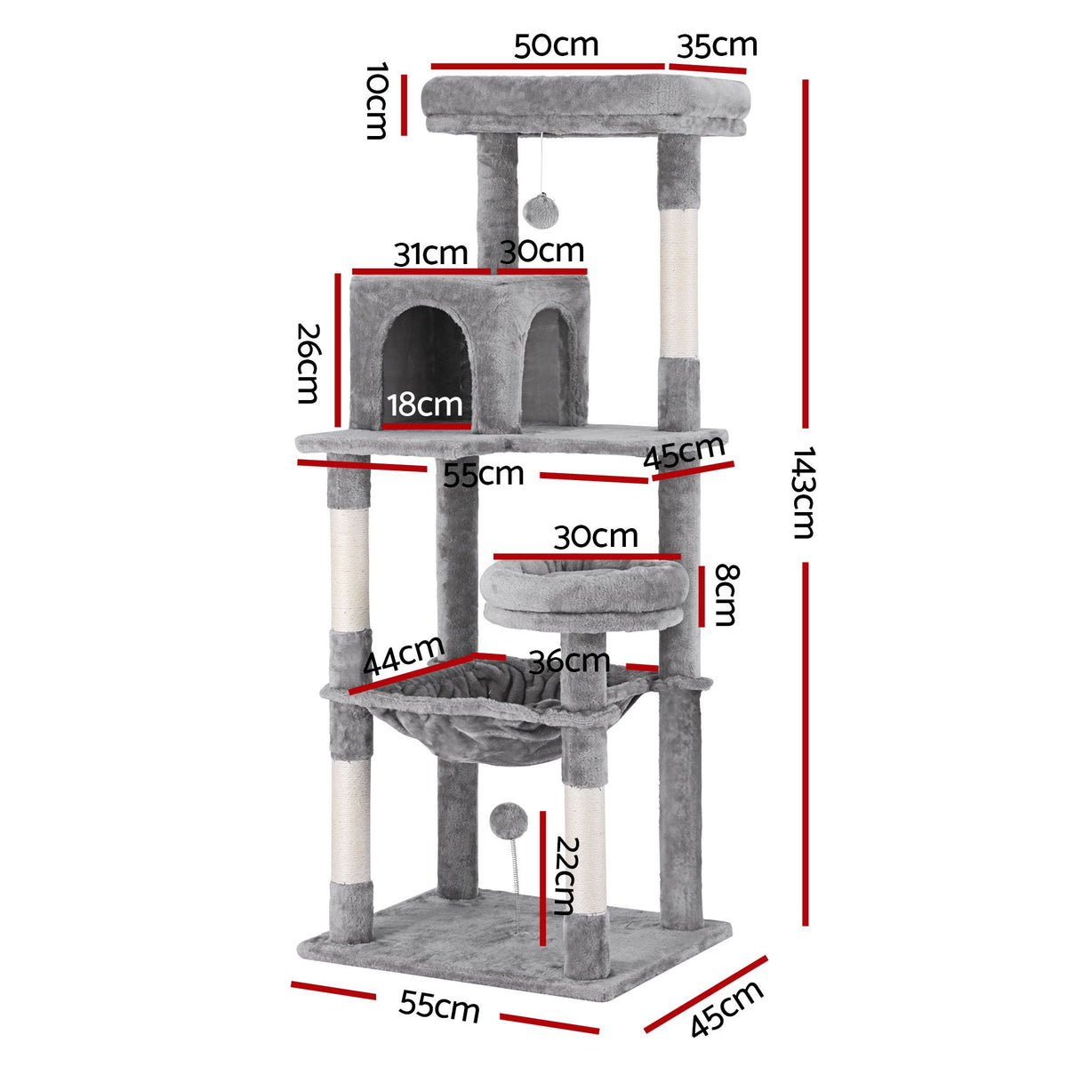 i.Pet Cat Tree 143cm Tower Scratching Post Trees Scratcher Condo House Grey-Pet Care > Cat Supplies > Cat Scratching Posts-PEROZ Accessories