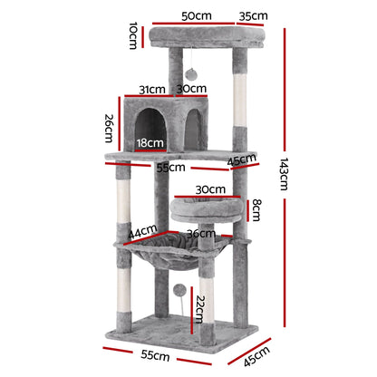 i.Pet Cat Tree 143cm Tower Scratching Post Trees Scratcher Condo House Grey-Pet Care > Cat Supplies > Cat Scratching Posts-PEROZ Accessories