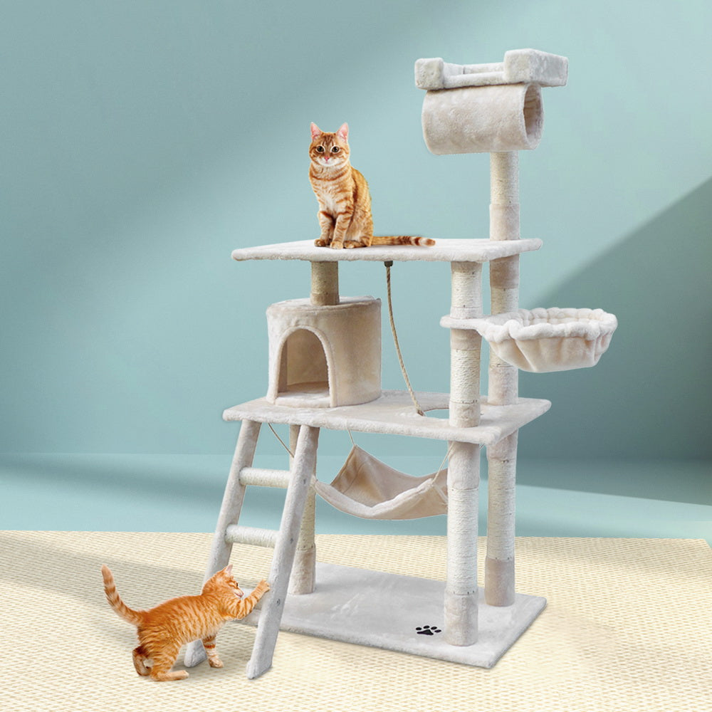 i.Pet Cat Tree 141cm Tower Scratching Post Scratcher Condo Wood House Bed Beige-Cat Trees-PEROZ Accessories