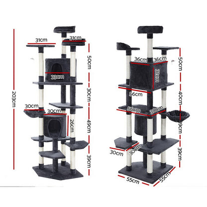 i.Pet Cat Tree 203cm Tower Scratching Post Scratcher Condo Trees House Bed Grey-Cat Trees-PEROZ Accessories