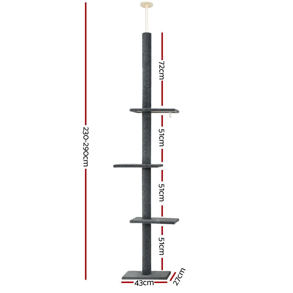i.Pet Cat Tree 290cm Tower Scratching Post Scratcher Floor to Ceiling Cats Bed Grey-Pet Care > Cat Supplies > Cat Scratching Posts-PEROZ Accessories