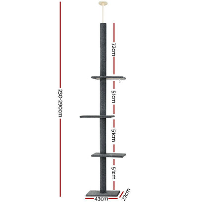 i.Pet Cat Tree 290cm Tower Scratching Post Scratcher Floor to Ceiling Cats Bed Grey-Pet Care > Cat Supplies > Cat Scratching Posts-PEROZ Accessories
