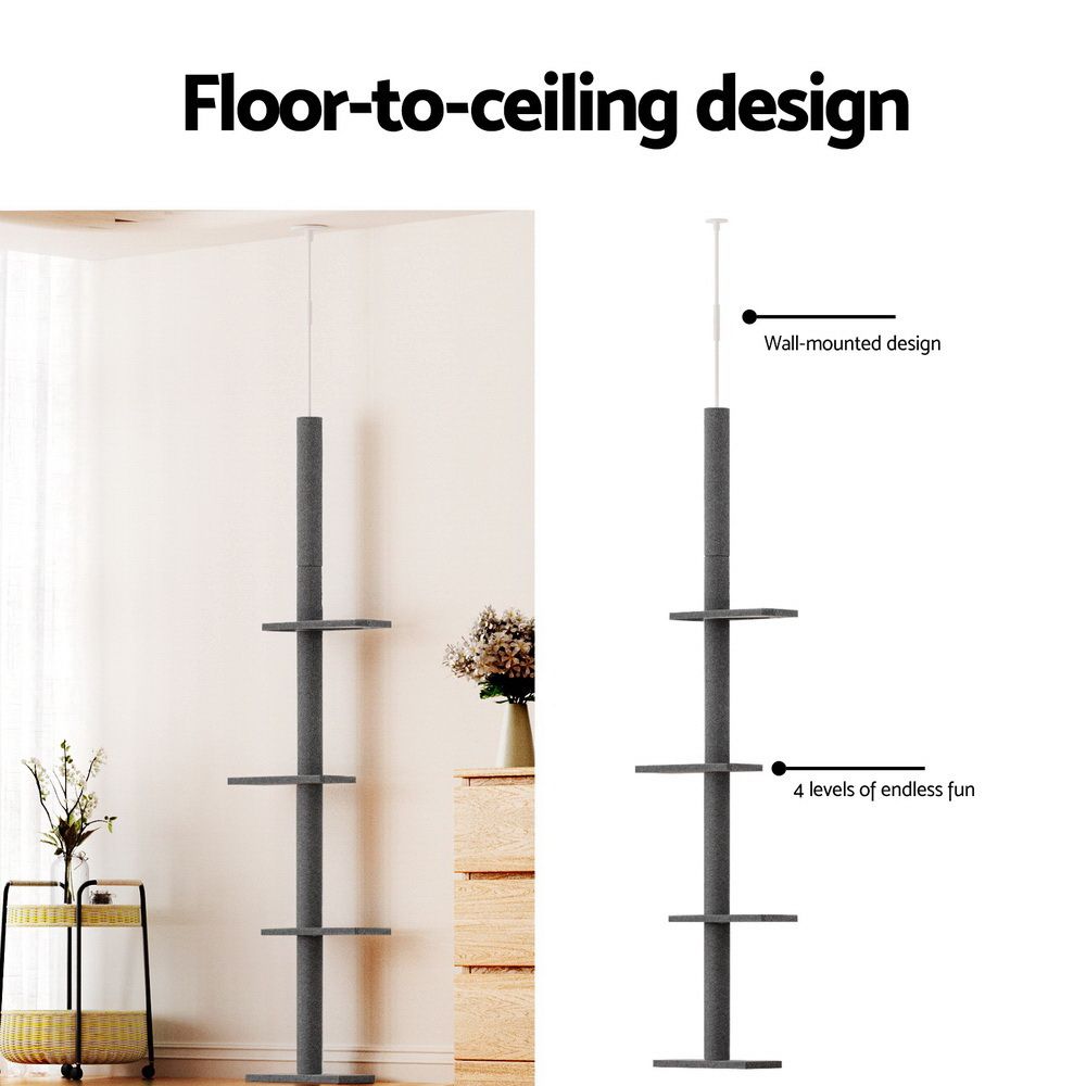 i.Pet Cat Tree 290cm Tower Scratching Post Scratcher Floor to Ceiling Cats Bed Grey-Pet Care > Cat Supplies > Cat Scratching Posts-PEROZ Accessories