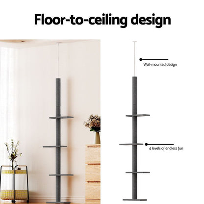 i.Pet Cat Tree 290cm Tower Scratching Post Scratcher Floor to Ceiling Cats Bed Grey-Pet Care > Cat Supplies > Cat Scratching Posts-PEROZ Accessories