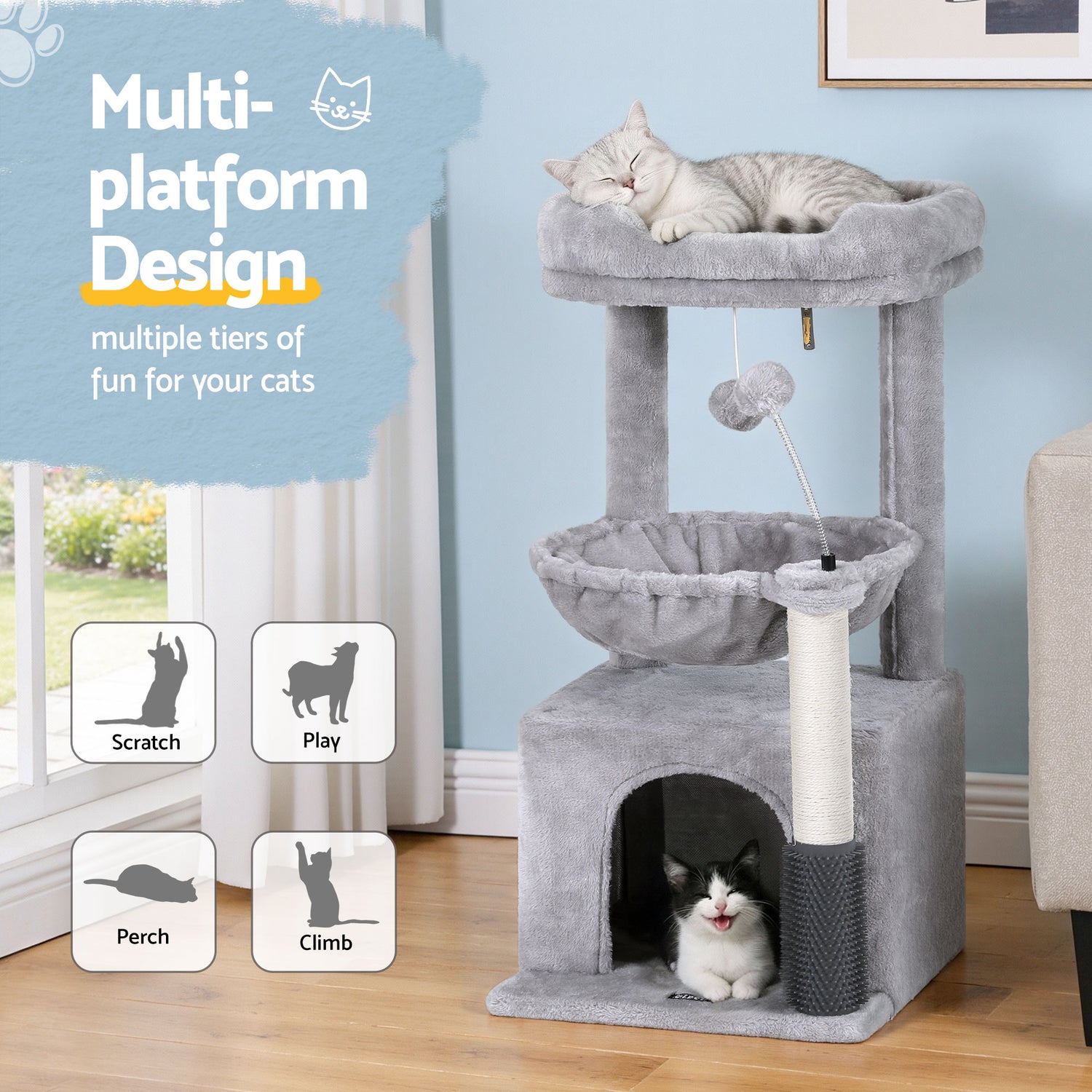 i.Pet Cat Tree Tower 82cm Scratching Post Furniture Scratcher House Light Grey-Pet Care > Cat Supplies > Cat Scratching Posts-PEROZ Accessories