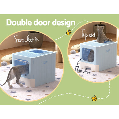 i.Pet Cat Litter Box Large Tray Kitty Toilet Enclosed Hooded Foldable Cat Litter Box Scoop Blue-Pet Care &gt; Cat Supplies &gt; Cat Litter-PEROZ Accessories