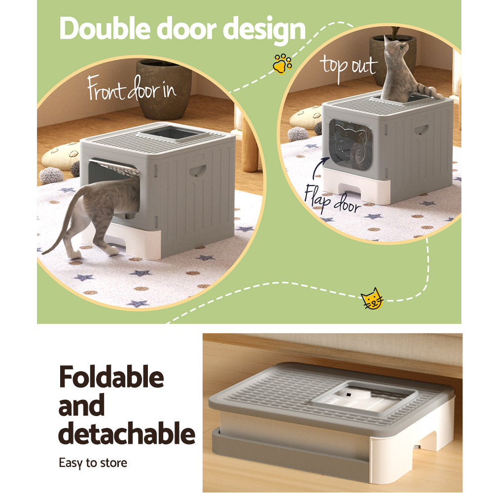 i.Pet Cat Litter Box Large Tray Kitty Toilet Enclosed Hooded Foldable Cat Litter Box Scoop Grey-Pet Care &gt; Cat Supplies &gt; Cat Litter-PEROZ Accessories