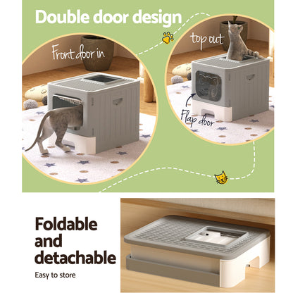 i.Pet Cat Litter Box Large Tray Kitty Toilet Enclosed Hooded Foldable Cat Litter Box Scoop Grey-Pet Care &gt; Cat Supplies &gt; Cat Litter-PEROZ Accessories