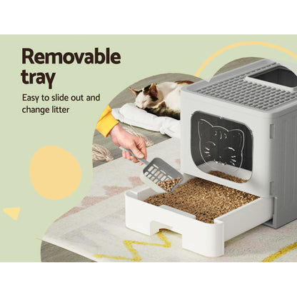 i.Pet Cat Litter Box Large Tray Kitty Toilet Enclosed Hooded Foldable Cat Litter Box Scoop Grey-Pet Care &gt; Cat Supplies &gt; Cat Litter-PEROZ Accessories