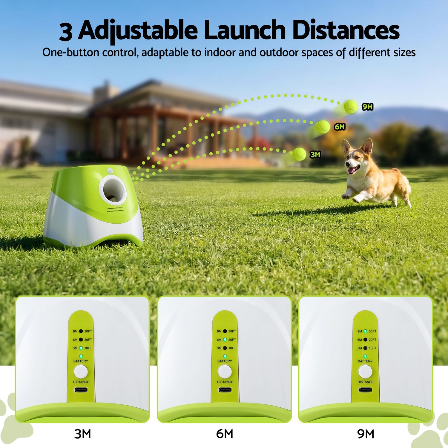 i.Pet Dog Ball Launcher Thrower with 6 Balls &amp; 3/6/9m Launch Distances Green-Pet Care > Toys > Dog Toys-PEROZ Accessories