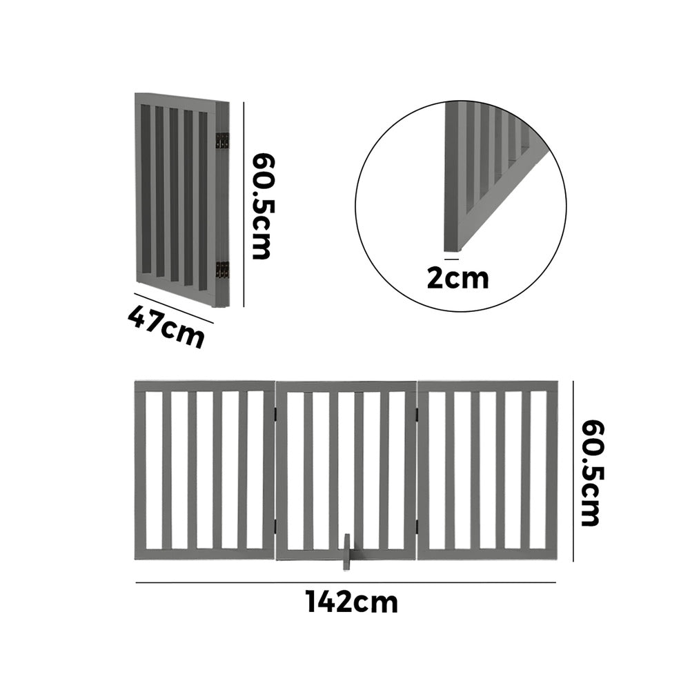 Alopet Wooden Pet Gate Safety Stair Barrier 3-Panel Grey-Pet Fence-PEROZ Accessories