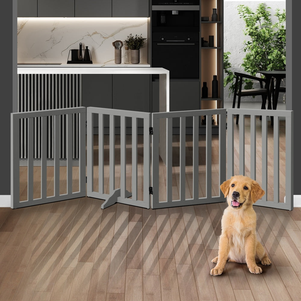 Alopet Wooden Pet Gate Safety Stair Barrier 4-Panel Grey-Pet Fence-PEROZ Accessories