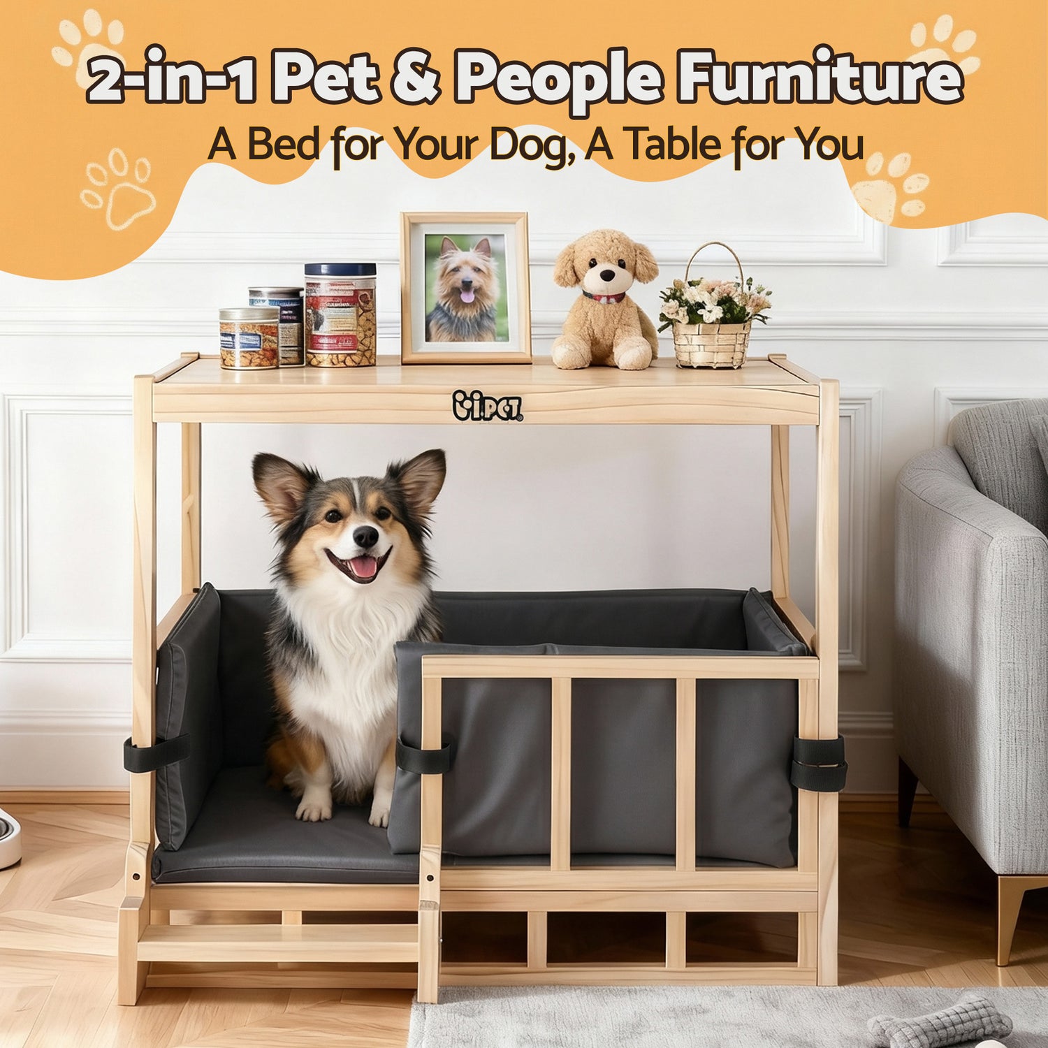 i.Pet 2in1 Dog Kennel Crate Furniture Grey Bedding Wooden House Indoor-Pet Care > Dog Supplies > Dog Kennels-PEROZ Accessories