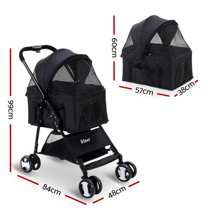 i.Pet Pet Stroller Dog Pram Cat Carrier Travel Large Pushchair Foldable 4 Wheels Black-Pet Care &gt; Dog Supplies-PEROZ Accessories